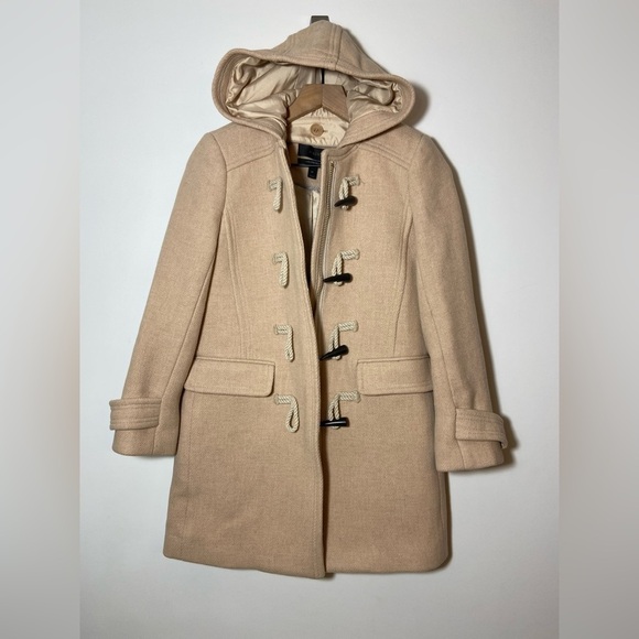 $350-J.Crew the 2007 Italian stadium-cloth wool toggle Hood coat BEIGE Sz 0P - Picture 3 of 9